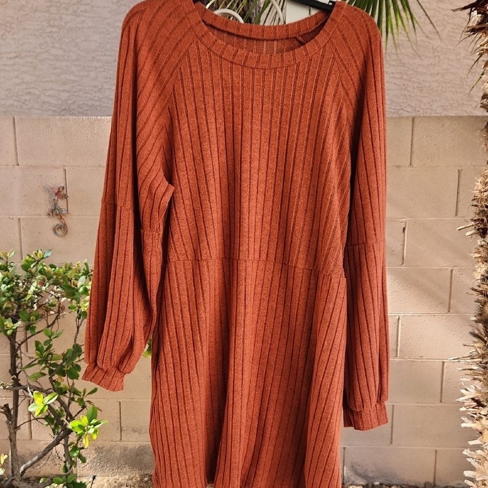 Rust Orange Ribbed Sweater Dress - Picture 3 of 5